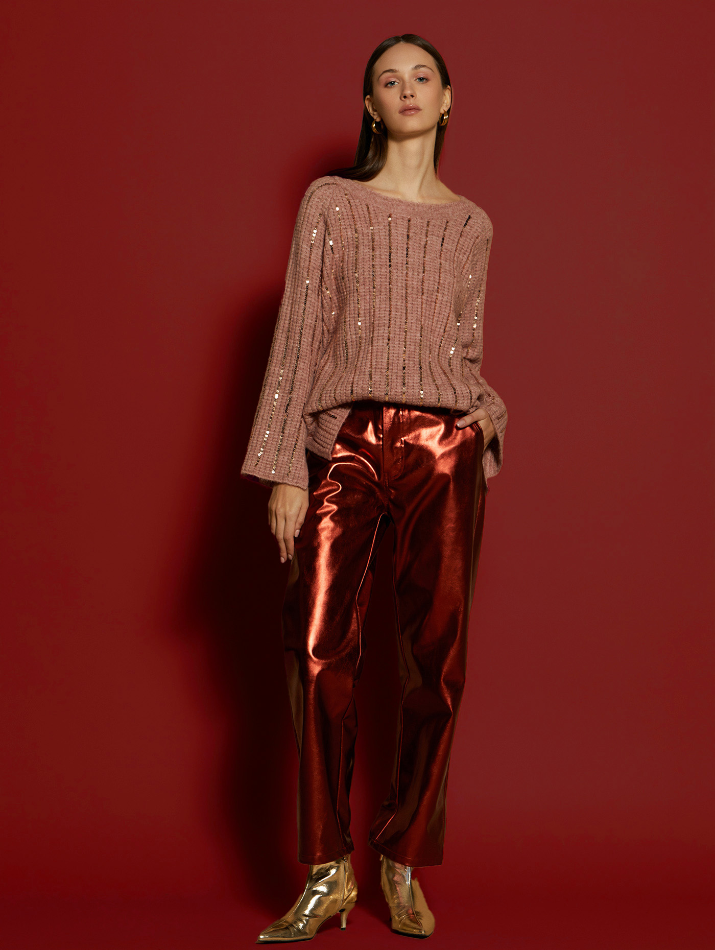 Metallic ankle-length trousers