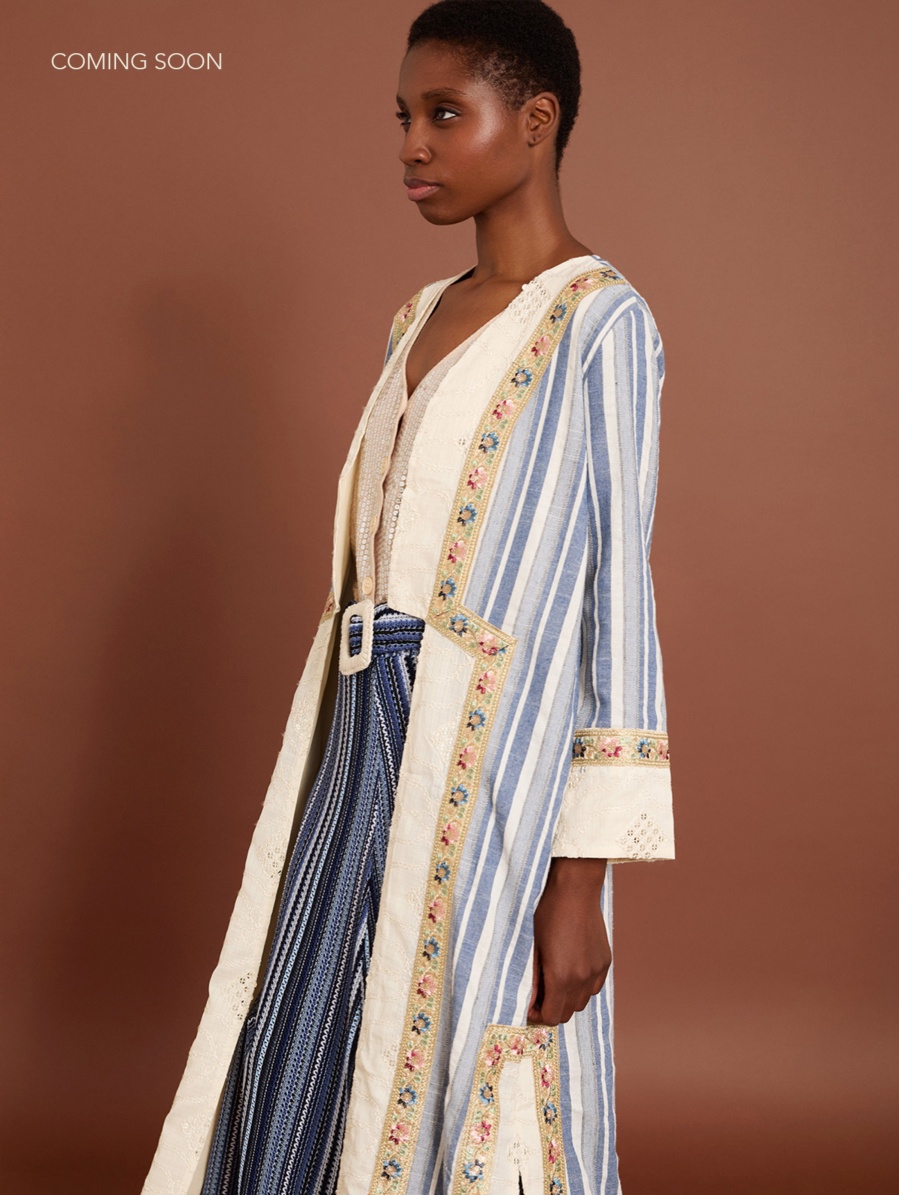 Bi-material kaftan with stripes and sequins