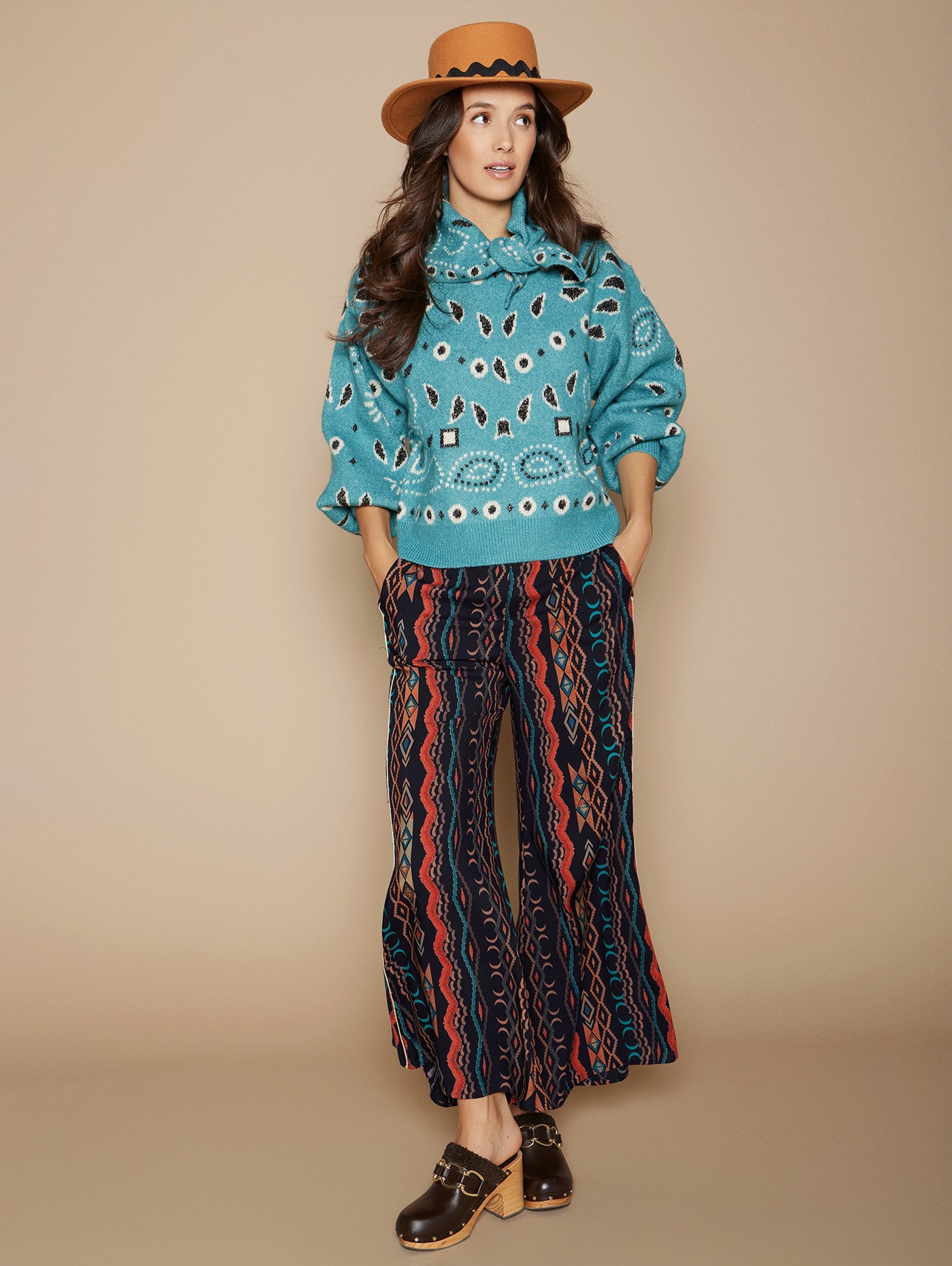 Flared printed viscose trousers