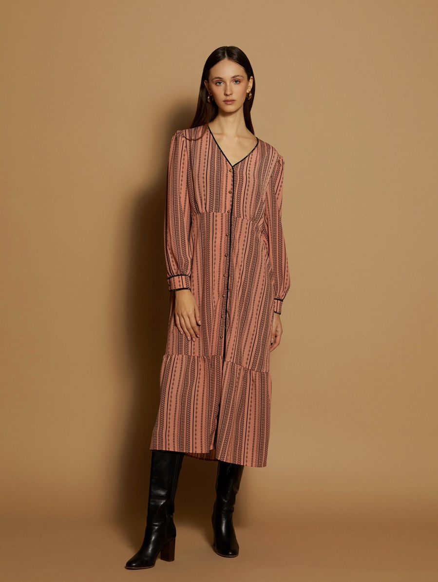 Striped long dress with buckles