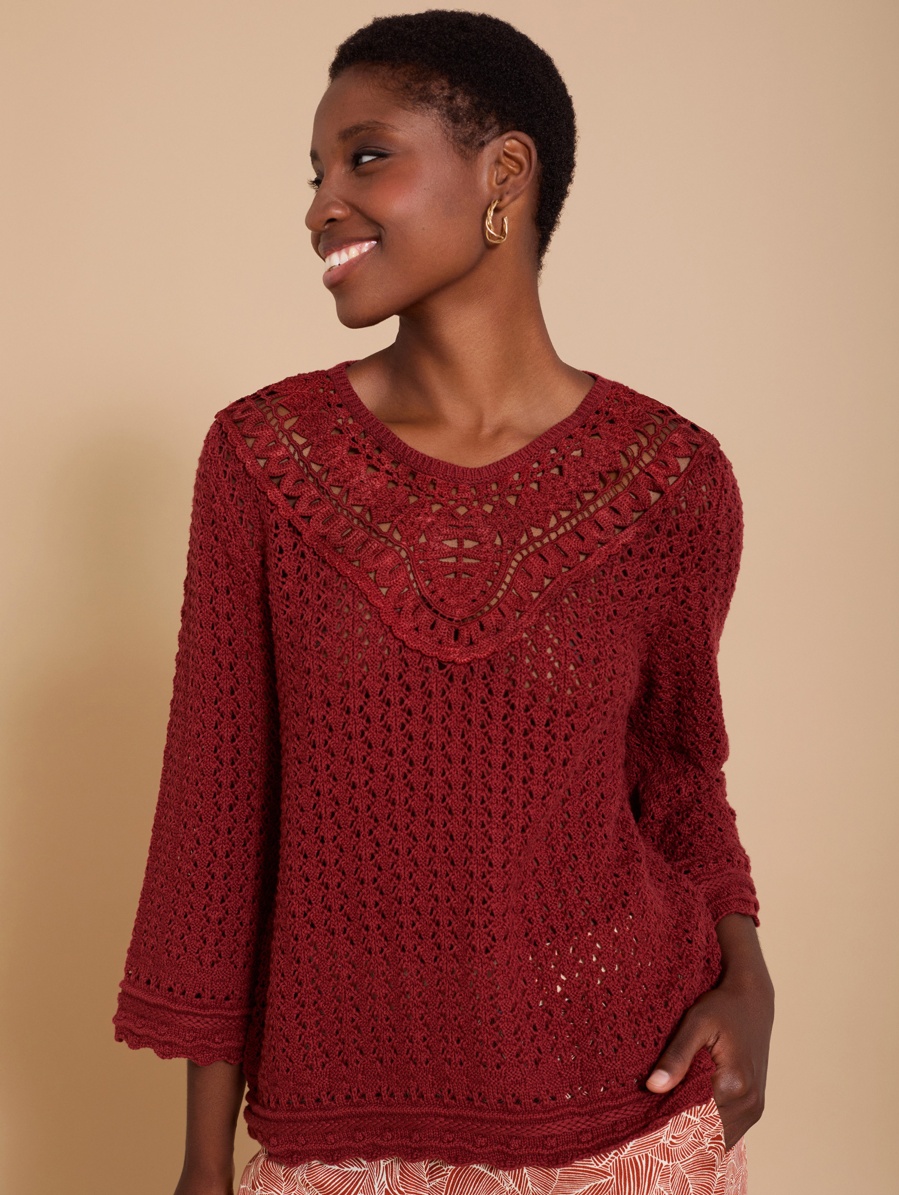 Openwork jumper with guipure collar