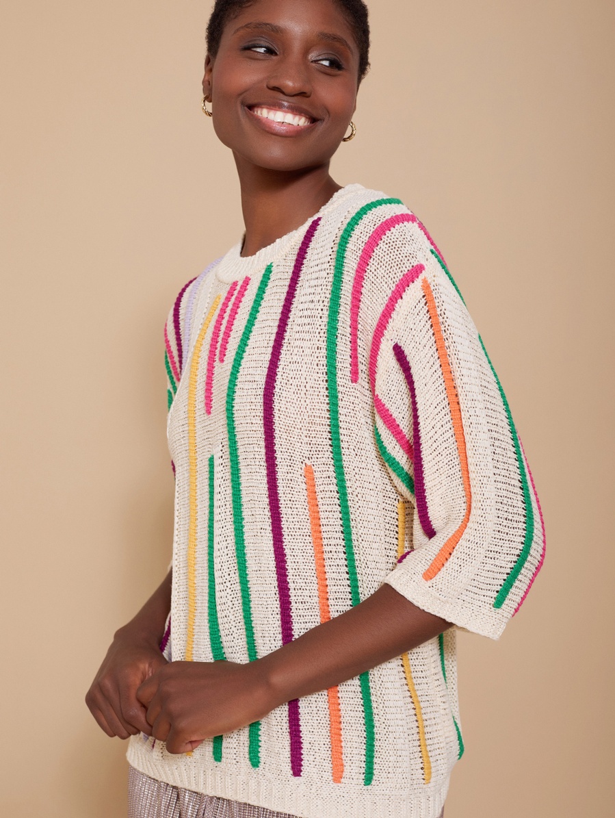 Short-sleeved knitted jumper with multicolor stripes