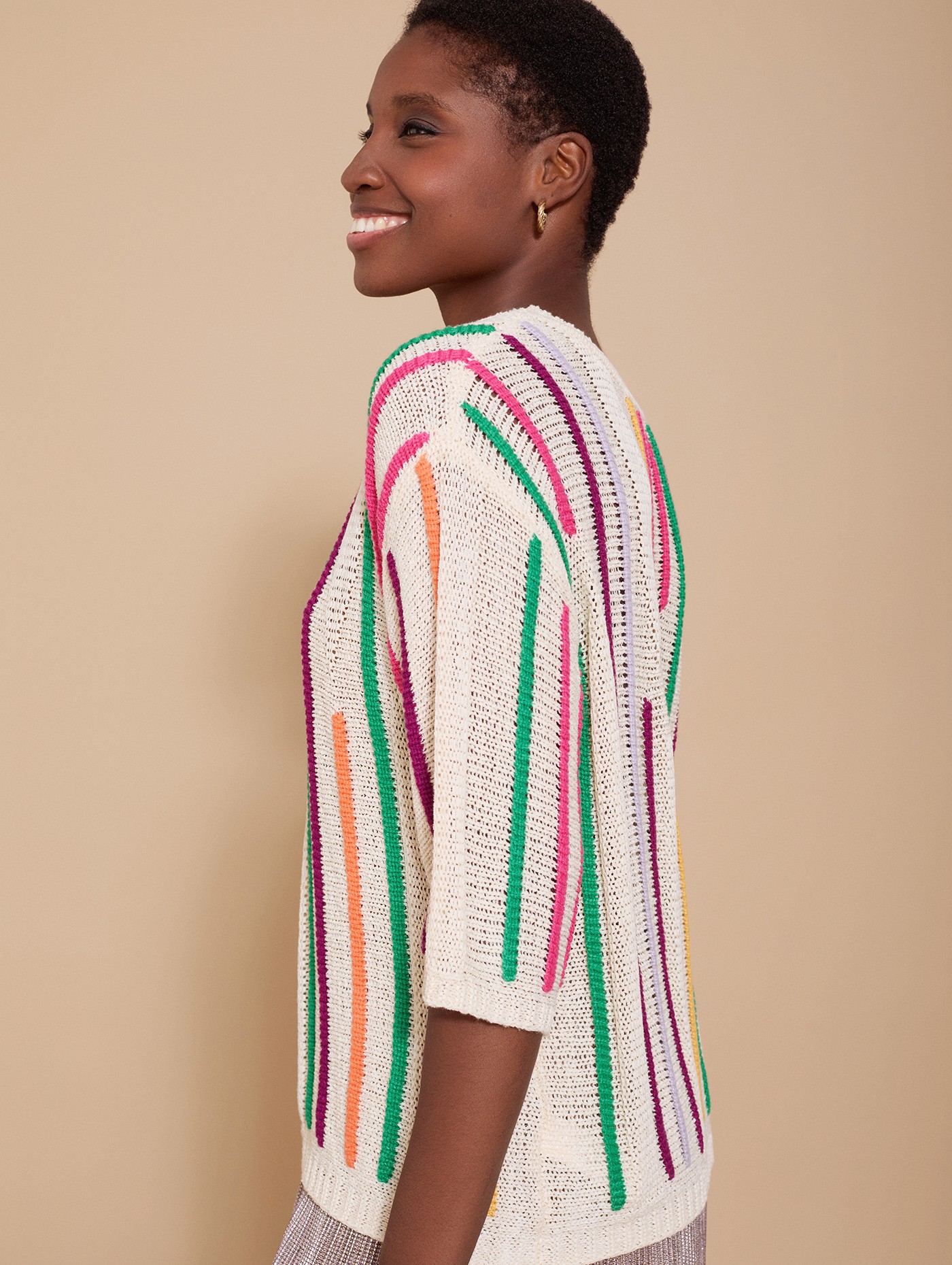 Short-sleeved knitted jumper with multicolor stripes 1